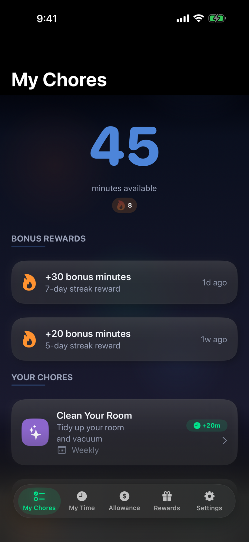 Applowance iPhone app in dark mode showing 'My Chores' with 45 minutes available and a Clean Your Room chore worth 20 minutes