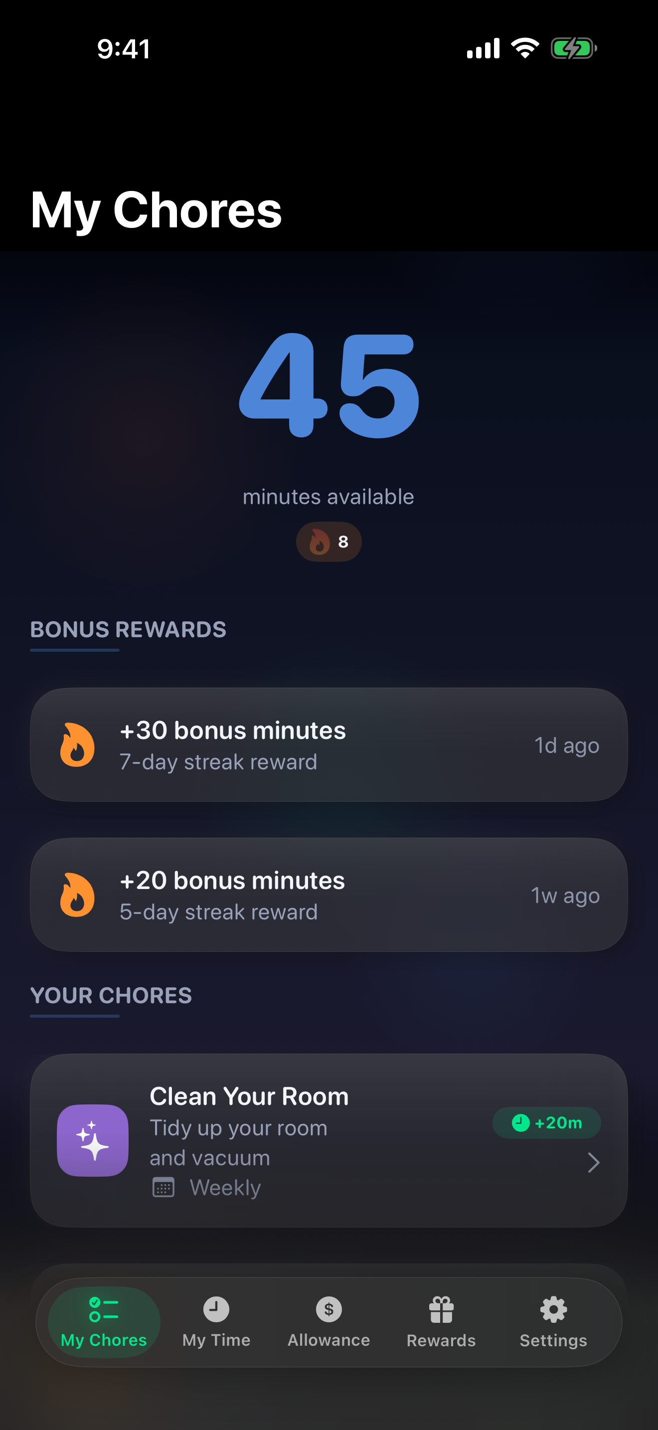 Applowance iPhone app in dark mode showing 'My Chores' with 45 minutes available and a Clean Your Room chore worth 20 minutes