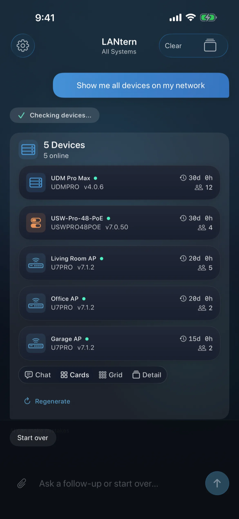 LANtern iPhone app — chat asks 'Show me all devices on my network' and the assistant returns a list of five Unifi devices with uptime and client counts