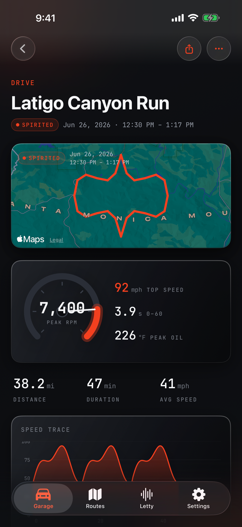RevSense iPhone app showing a completed drive detail with a route map, top speed, acceleration, oil temperature, distance, duration, average speed, and speed trace